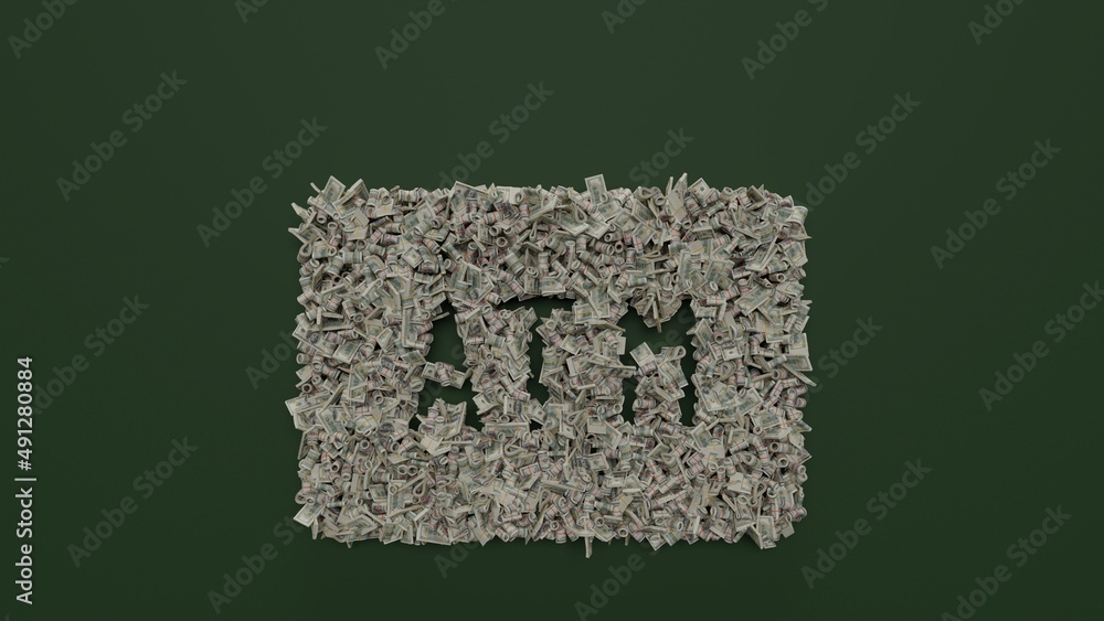 Poster 3d rendering of dollar cash rolls and stacks in shape of symbol of atm sign on green background