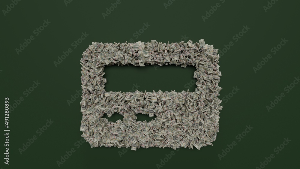 Poster 3d rendering of dollar cash rolls and stacks in shape of symbol of pager on green background