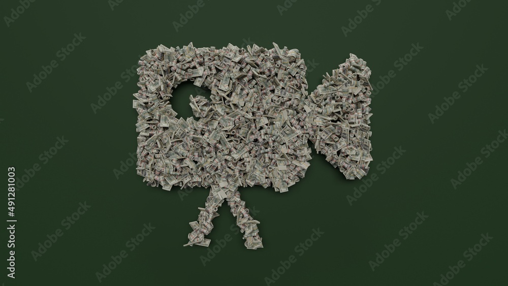 Poster 3d rendering of dollar cash rolls and stacks in shape of symbol of video camera on green background