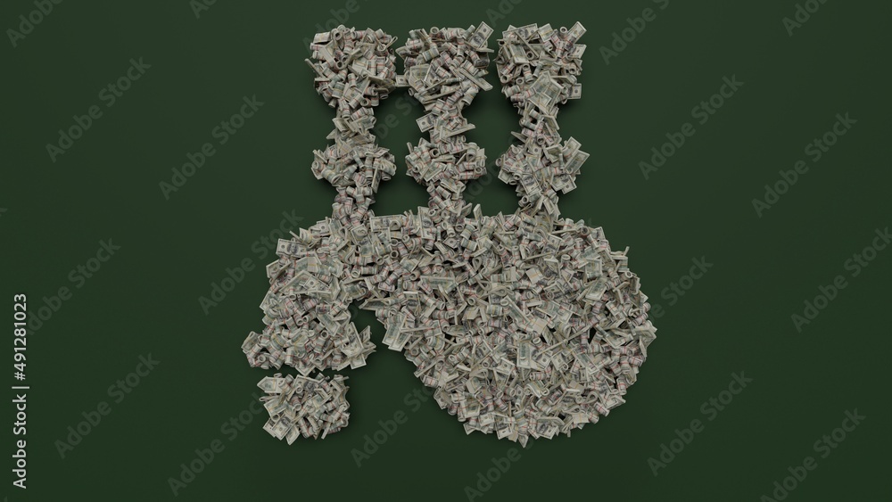 Poster 3d rendering of dollar cash rolls and stacks in shape of symbol of bagpipes on green background