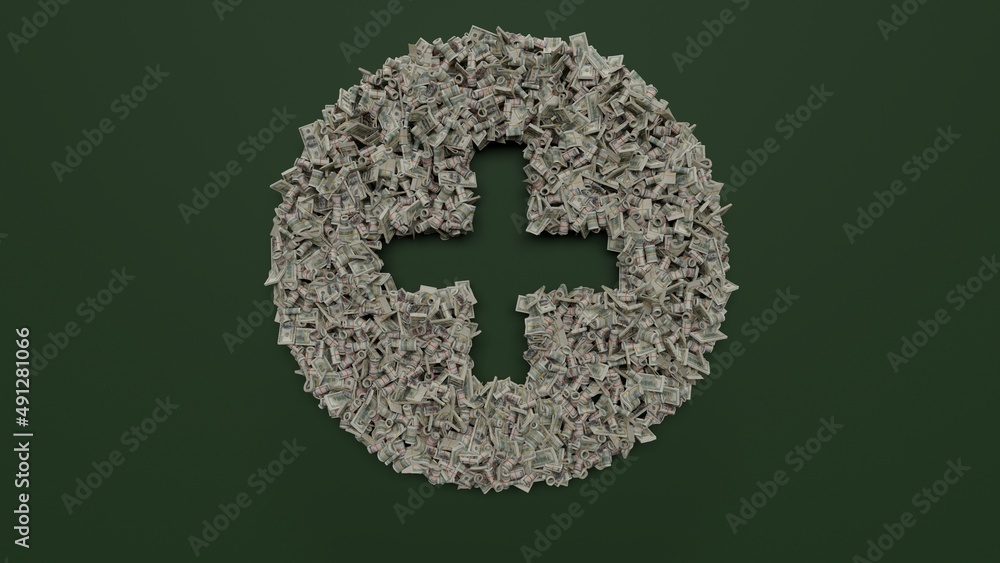 Aufkleber 3d rendering of dollar cash rolls and stacks in shape of symbol of plus circle on green background