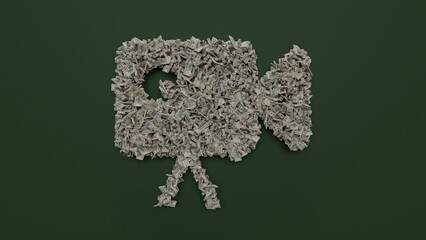 3d rendering of dollar cash rolls and stacks in shape of symbol of video camera on green background