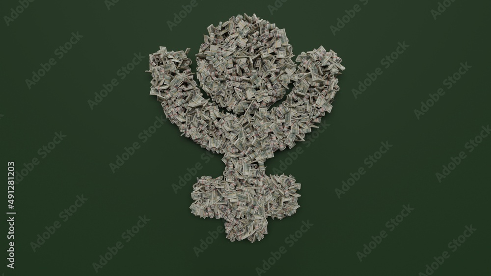 Poster 3d rendering of dollar cash rolls and stacks in shape of symbol of pluto on green background