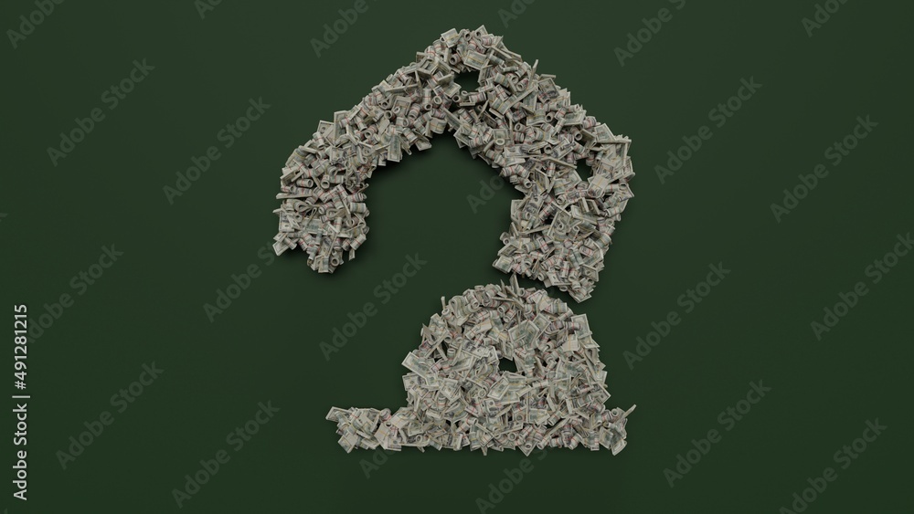 Poster 3d rendering of dollar cash rolls and stacks in shape of symbol of robot arm on green background