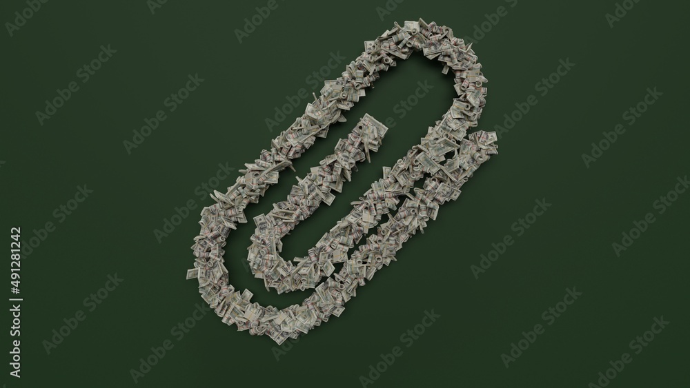 Aufkleber 3d rendering of dollar cash rolls and stacks in shape of symbol of attachment on green background