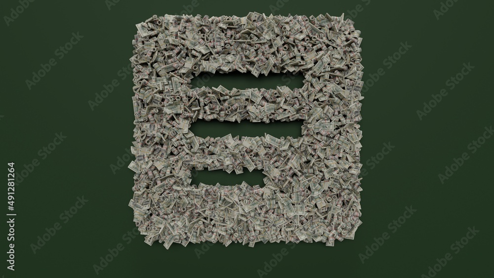Poster 3d rendering of dollar cash rolls and stacks in shape of symbol of paper on green background