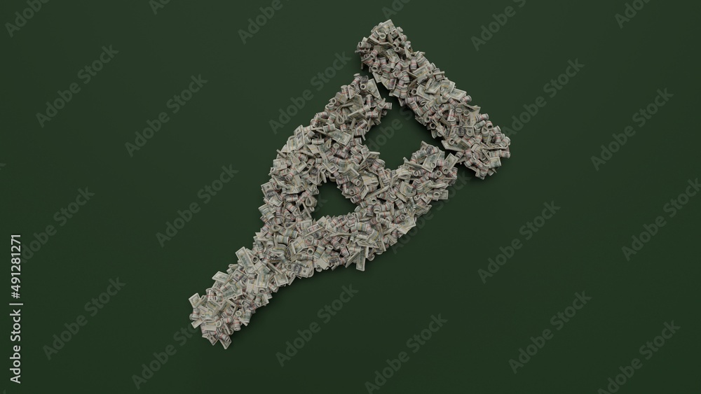 Poster 3d rendering of dollar cash rolls and stacks in shape of symbol of crutch on green background
