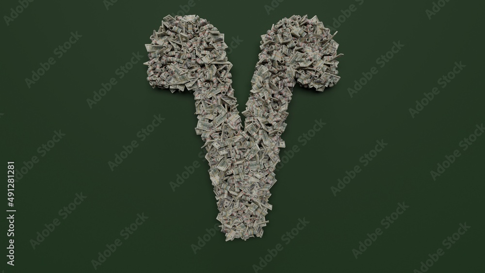 Poster 3d rendering of dollar cash rolls and stacks in shape of symbol of aries zodiac on green background