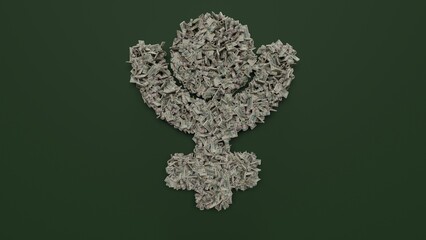 3d rendering of dollar cash rolls and stacks in shape of symbol of Pluto on green background
