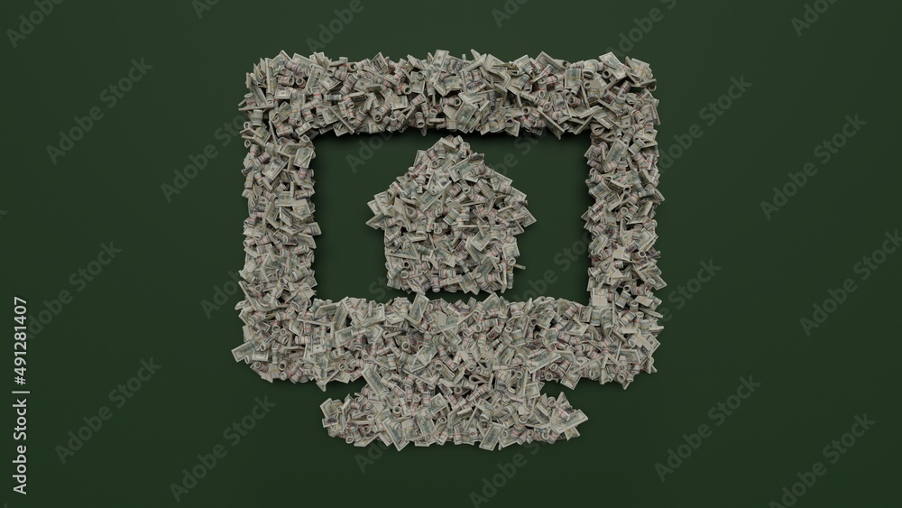 Poster 3d rendering of dollar cash rolls and stacks in shape of symbol of imac on green background
