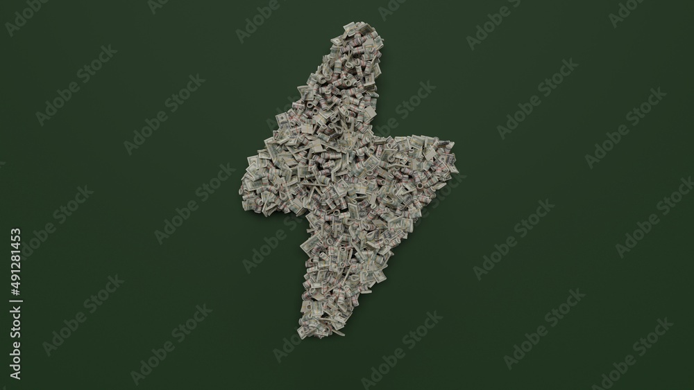 Poster 3d rendering of dollar cash rolls and stacks in shape of symbol of flash camera on green background