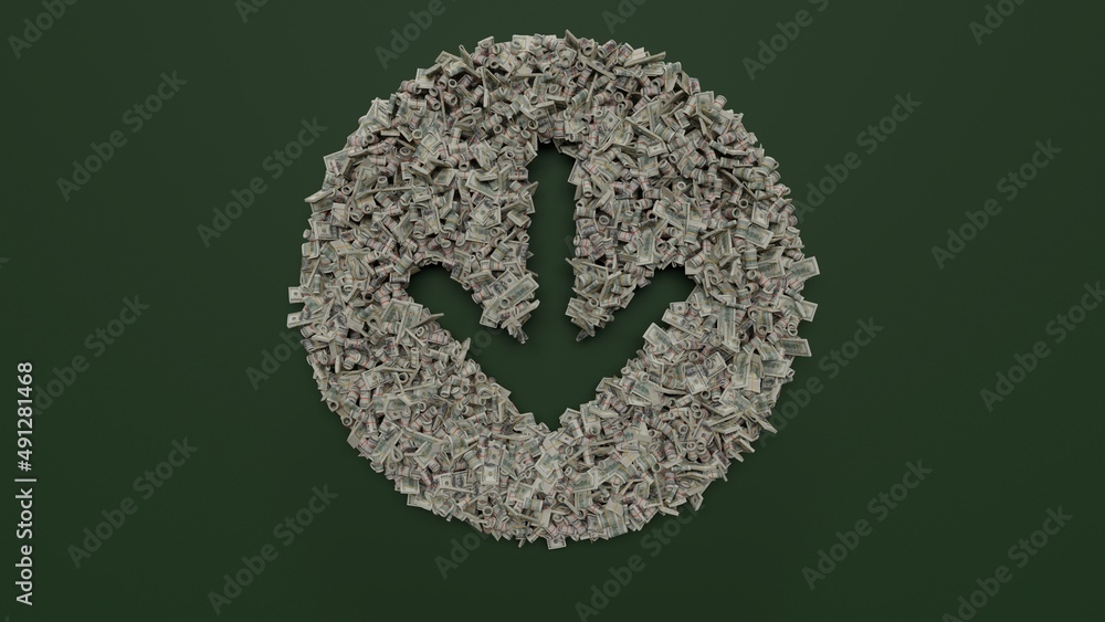 Aufkleber 3d rendering of dollar cash rolls and stacks in shape of symbol of down arrow in circle on green bac