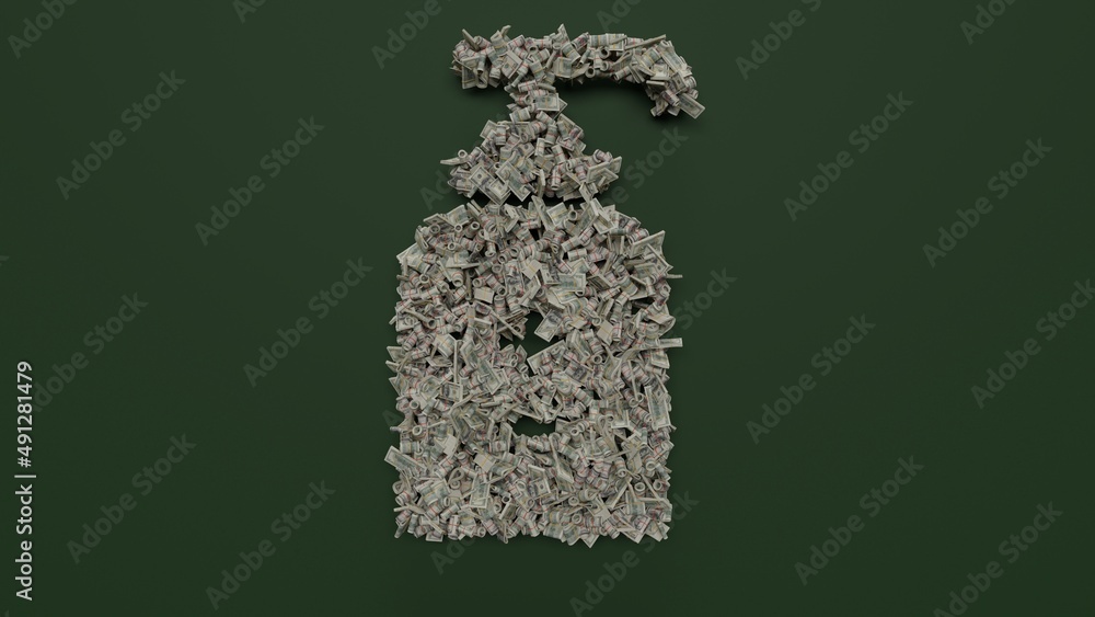 Poster 3d rendering of dollar cash rolls and stacks in shape of symbol of hand sanitizer on green backgroun