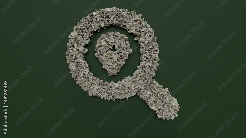 Aufkleber 3d rendering of dollar cash rolls and stacks in shape of symbol of search location on green backgrou