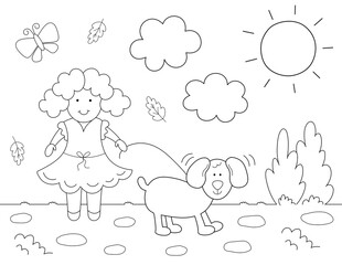 coloring page for little kids of a cute girl walking with her dog, black and white design with clouds, the sun and more shapes to color. you can print it on standard 8.5x11 inch paper