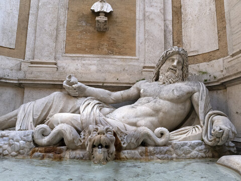 roman marforio old roman marble statue funtain detail of dolphins