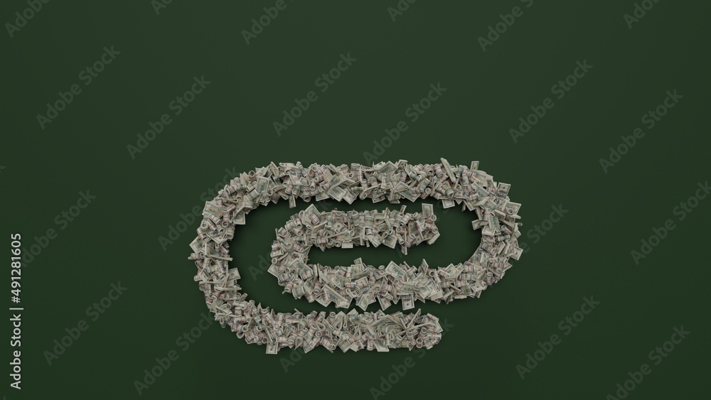 Aufkleber 3d rendering of dollar cash rolls and stacks in shape of symbol of interface on green background
