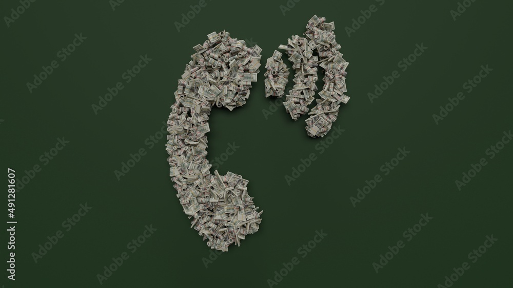 Poster 3d rendering of dollar cash rolls and stacks in shape of symbol of phone volume on green background
