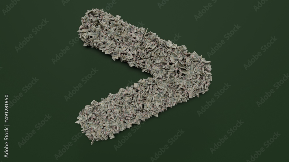 Poster 3d rendering of dollar cash rolls and stacks in shape of symbol of greater than on green background
