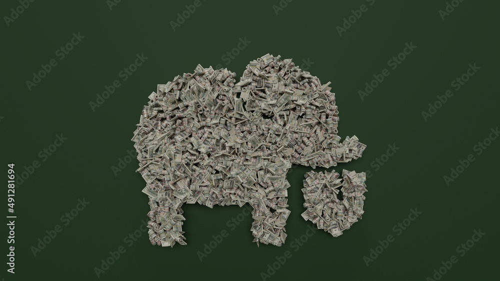 Poster 3d rendering of dollar cash rolls and stacks in shape of symbol of elephant on green background
