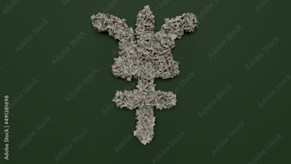 Poster 3d rendering of dollar cash rolls and stacks in shape of symbol of neptune symbol on green backgroun