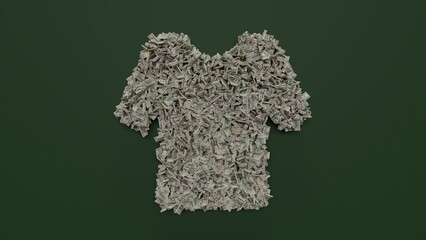 3d rendering of dollar cash rolls and stacks in shape of symbol of t shirt on green background