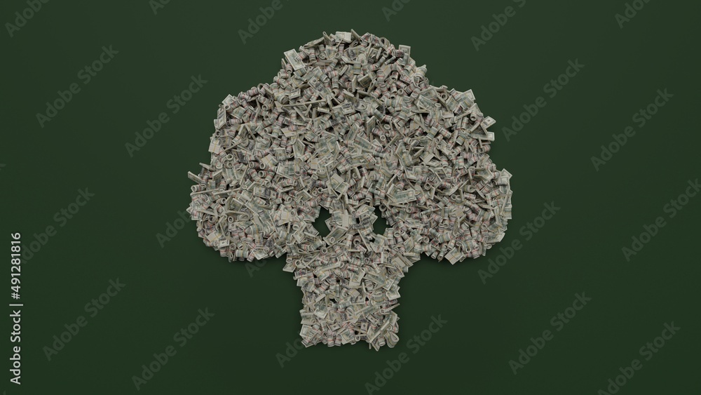 Poster 3d rendering of dollar cash rolls and stacks in shape of symbol of broccoli on green background