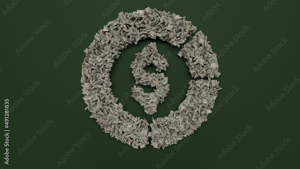 Poster 3d rendering of dollar cash rolls and stacks in shape of symbol of diagram on green background