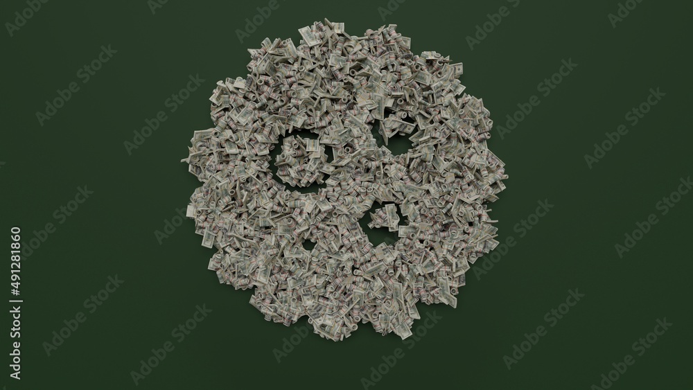 Poster 3d rendering of dollar cash rolls and stacks in shape of symbol of bacterium on green background