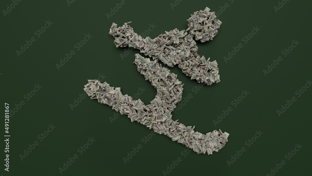 Poster 3d rendering of dollar cash rolls and stacks in shape of symbol of skiing on green background