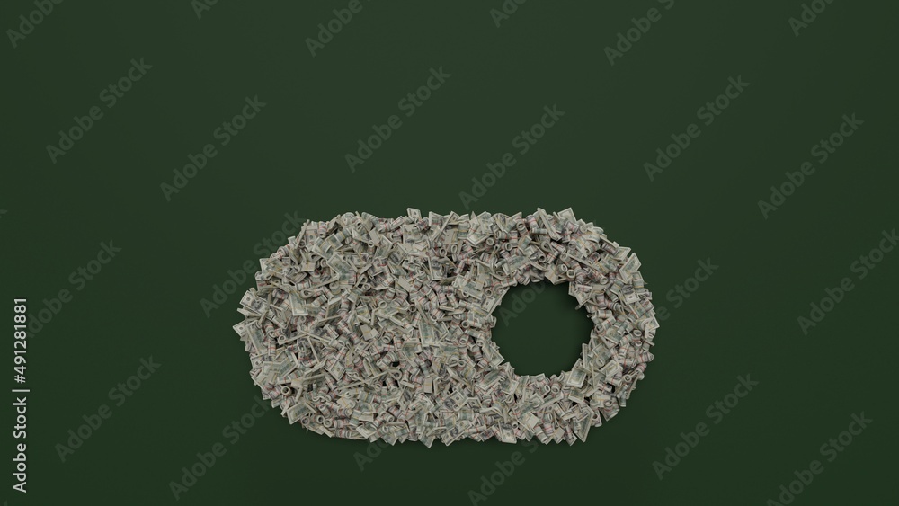 Poster 3d rendering of dollar cash rolls and stacks in shape of symbol of multimedia on green background