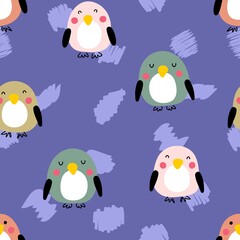 Hand drawn summer seamless pattern with penguins and brush strokes. Perfect for T-shirt, textile and print. Doodle style vector illustration for decor and design.