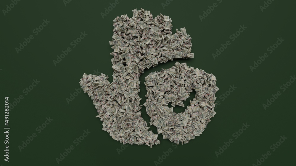 Poster 3d rendering of dollar cash rolls and stacks in shape of symbol of clean hand on green background