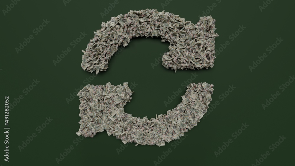 Aufkleber 3d rendering of dollar cash rolls and stacks in shape of symbol of sync alt on green background