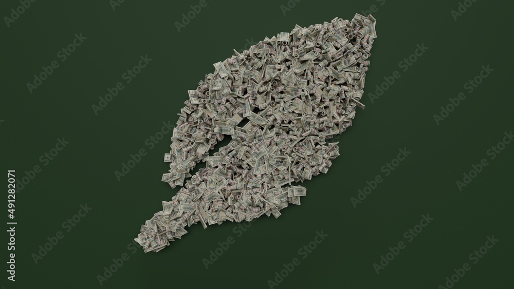 Poster 3d rendering of dollar cash rolls and stacks in shape of symbol of feather on green background