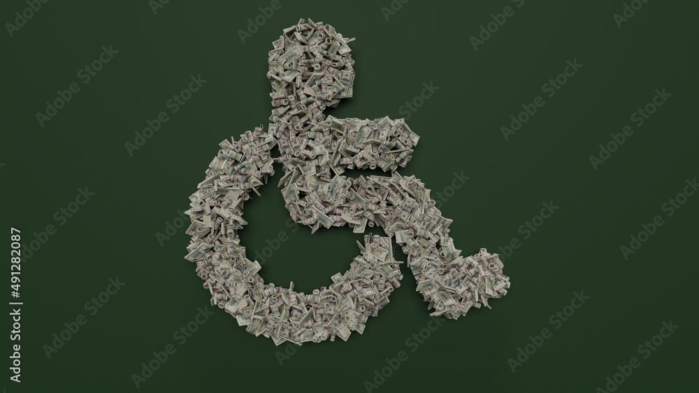 Poster 3d rendering of dollar cash rolls and stacks in shape of symbol of wheelchair on green background