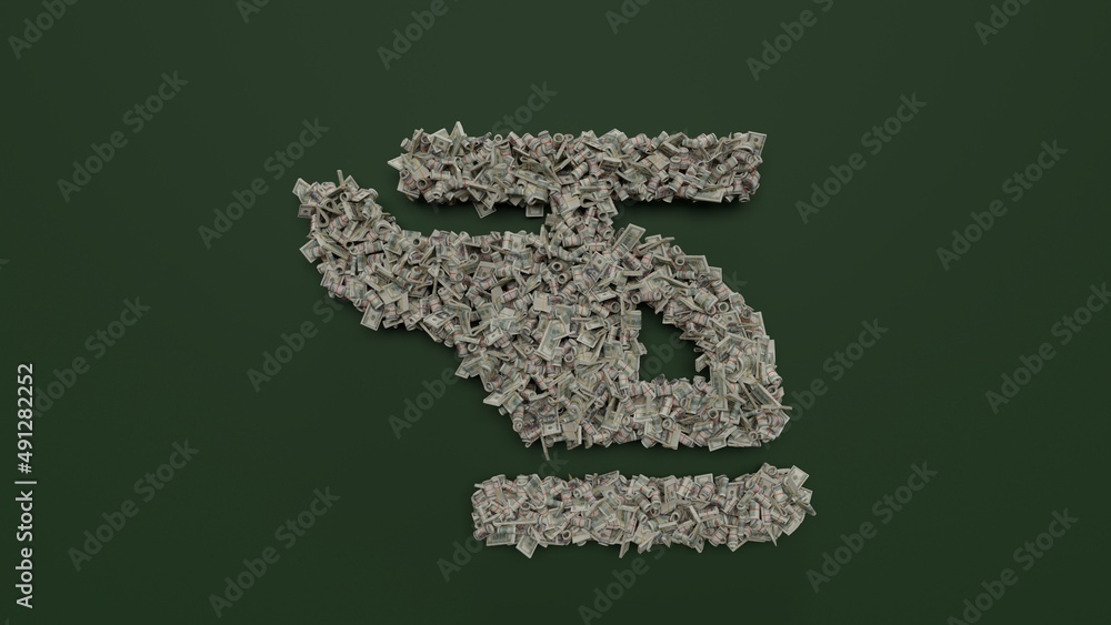 Poster 3d rendering of dollar cash rolls and stacks in shape of symbol of helicopter on green background