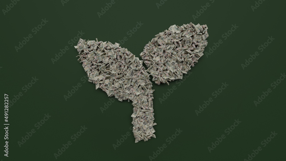Poster 3d rendering of dollar cash rolls and stacks in shape of symbol of seedling on green background