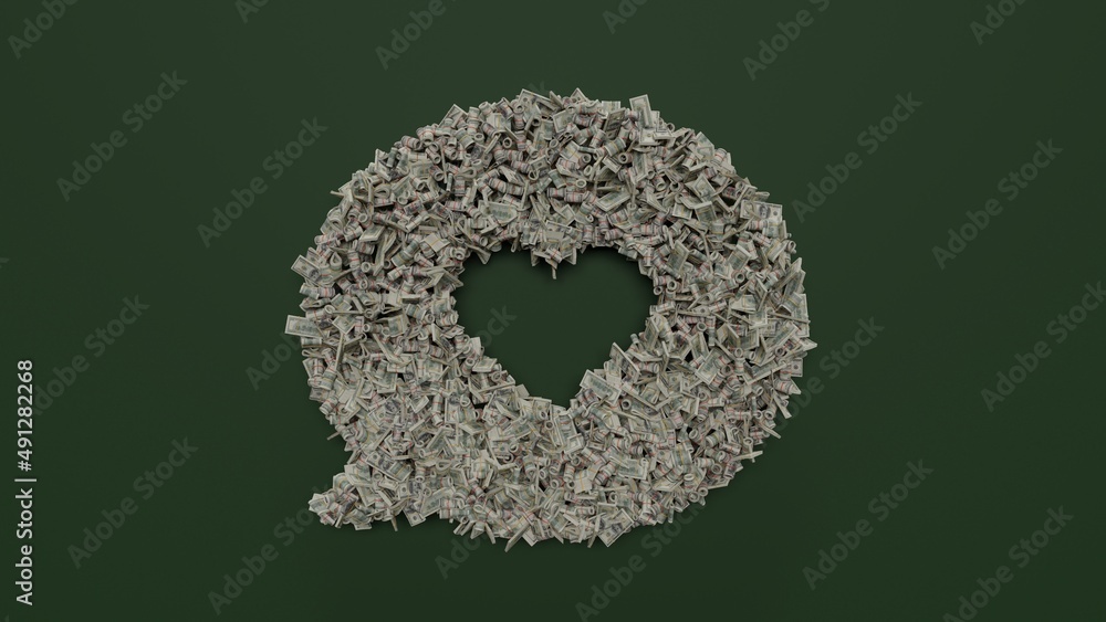 Poster 3d rendering of dollar cash rolls and stacks in shape of symbol of multimedia on green background
