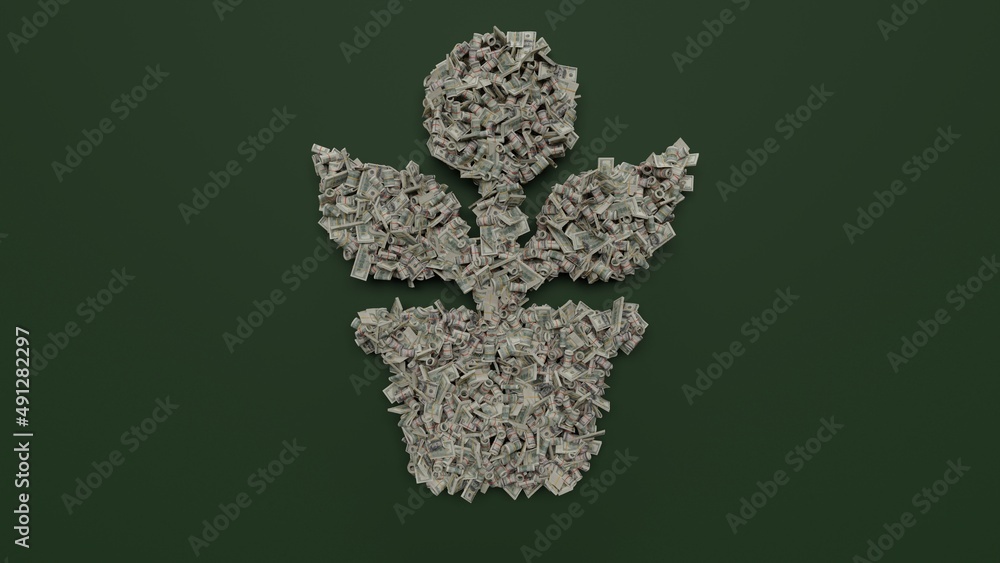 Poster 3d rendering of dollar cash rolls and stacks in shape of symbol of growth on green background