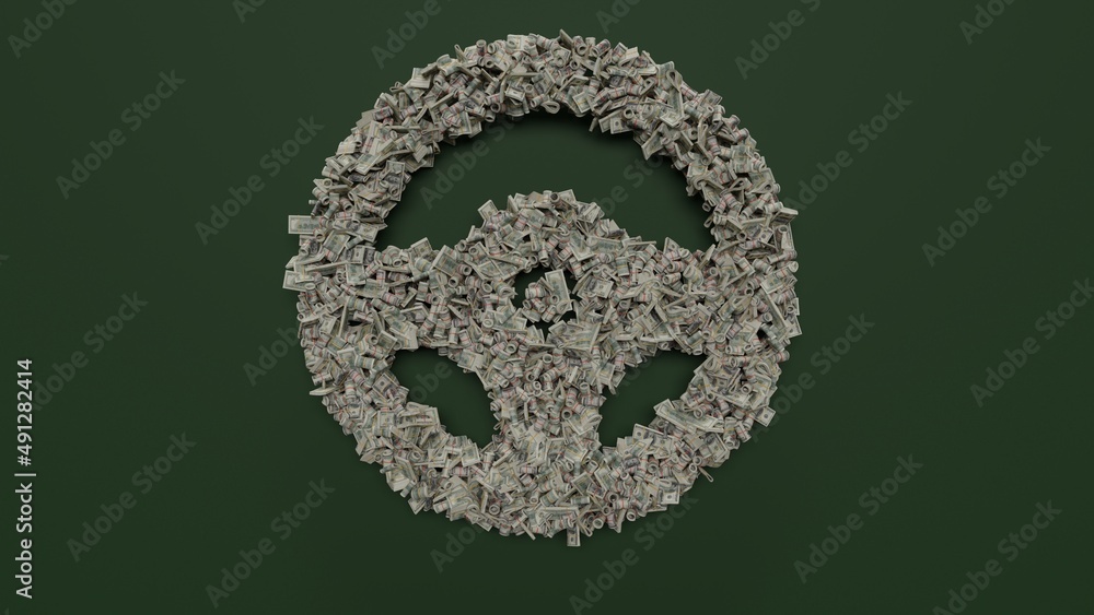 Poster 3d rendering of dollar cash rolls and stacks in shape of symbol of steering wheel on green backgroun