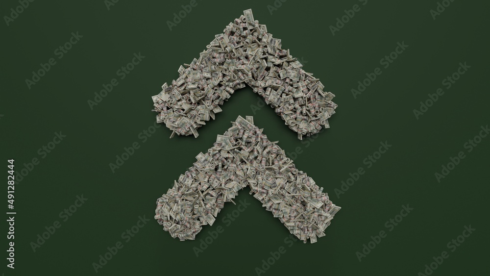 Aufkleber 3d rendering of dollar cash rolls and stacks in shape of symbol of angle double up on green backgrou