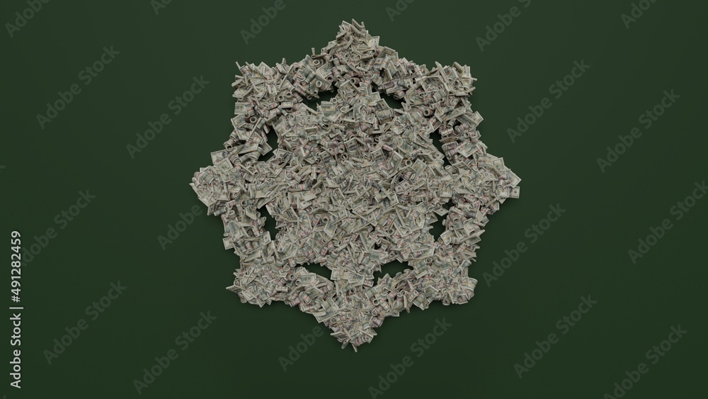 Aufkleber 3d rendering of dollar cash rolls and stacks in shape of symbol of cobweb on green background