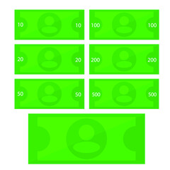 A set of green banknotes with different denominations