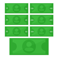 A set of green banknotes with different denominations