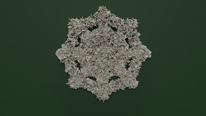 3d rendering of dollar cash rolls and stacks in shape of symbol of cobweb on green background © Destrosvet