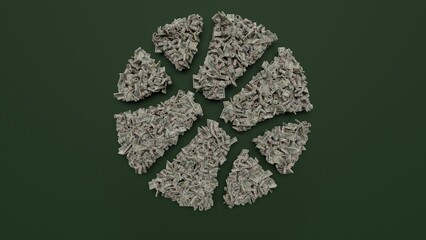 3d rendering of dollar cash rolls and stacks in shape of symbol of basketball ball on green background