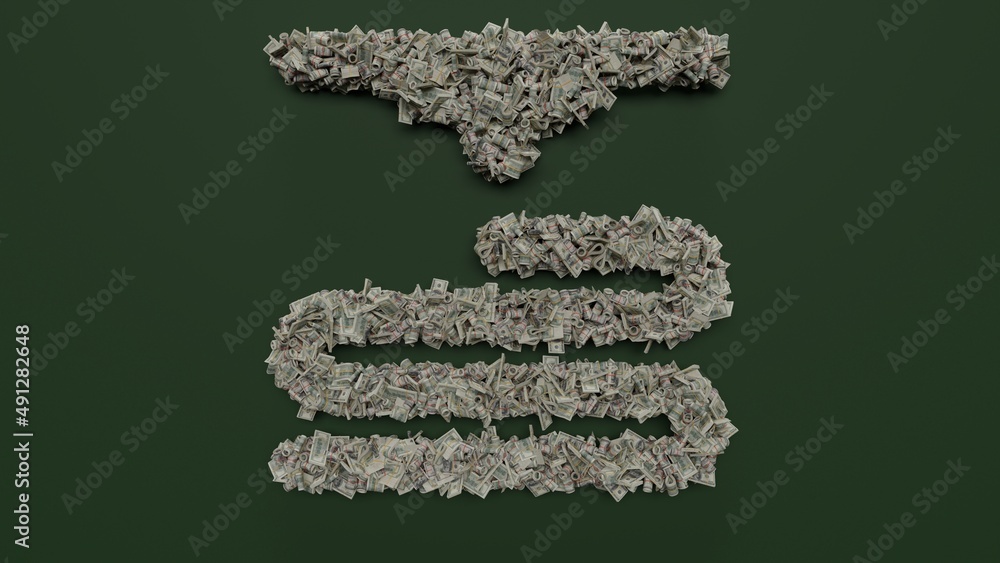 Poster 3d rendering of dollar cash rolls and stacks in shape of symbol of 3d printing on green background