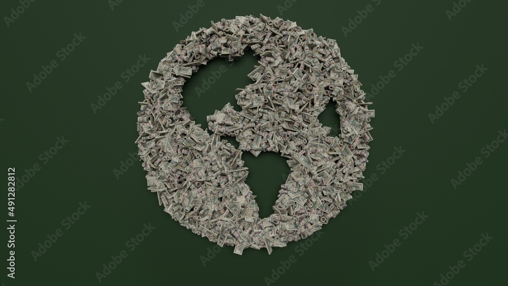 Poster 3d rendering of dollar cash rolls and stacks in shape of symbol of globe americas on green backgroun
