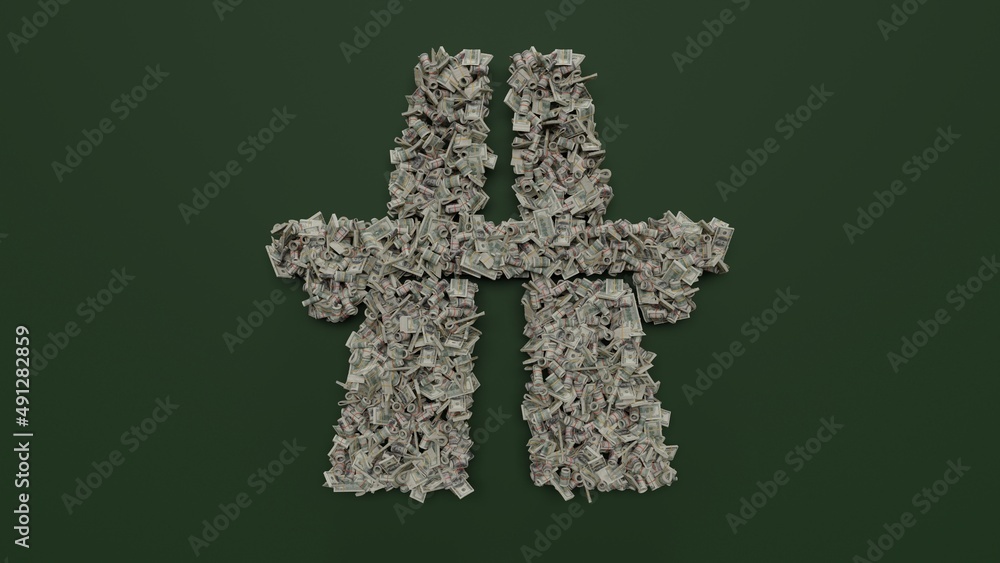Poster 3d rendering of dollar cash rolls and stacks in shape of symbol of highway on green background